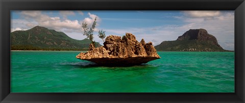 Framed Rock in Indian Ocean with mountain the background, Le Morne Mountain, Mauritius Island, Mauritius Print