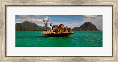 Framed Rock in Indian Ocean with mountain the background, Le Morne Mountain, Mauritius Island, Mauritius Print