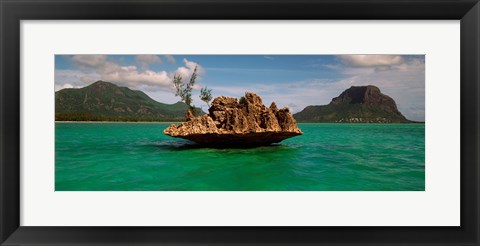 Framed Rock in Indian Ocean with mountain the background, Le Morne Mountain, Mauritius Island, Mauritius Print