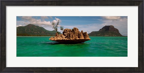 Framed Rock in Indian Ocean with mountain the background, Le Morne Mountain, Mauritius Island, Mauritius Print