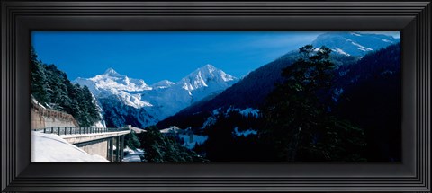 Framed Bridge through Snowcapped mountain range, Valais Canton, Switzerland Print