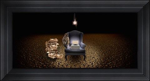 Framed Chair with a monkey and typewriter in the desert Print