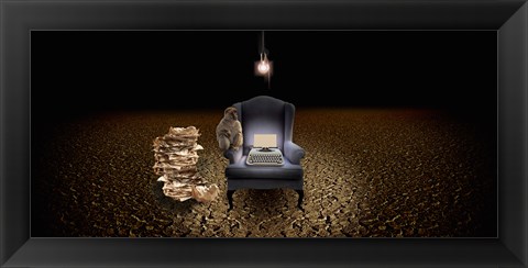 Framed Chair with a monkey and typewriter in the desert Print