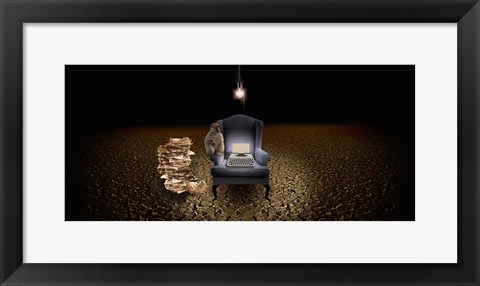 Framed Chair with a monkey and typewriter in the desert Print