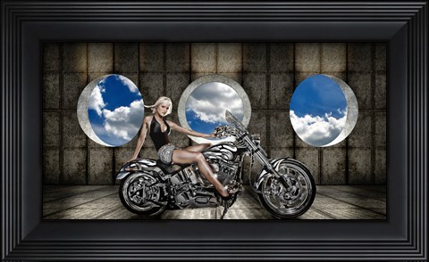 Framed Woman sitting on a motorcycle Print