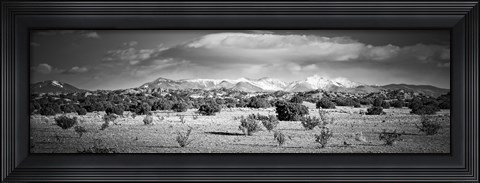 Framed High desert plains landscape with snowcapped Sangre de Cristo Mountains in the background, New Mexico (black and white) Print