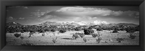 Framed High desert plains landscape with snowcapped Sangre de Cristo Mountains in the background, New Mexico (black and white) Print