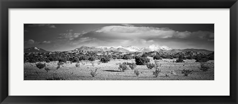 Framed High desert plains landscape with snowcapped Sangre de Cristo Mountains in the background, New Mexico (black and white) Print