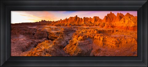 Framed Alpenglow on rock formations at sunrise, Door Trail, Badlands National Park, South Dakota, USA Print