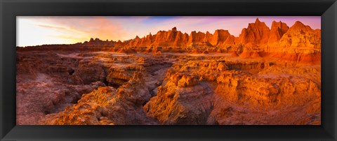 Framed Alpenglow on rock formations at sunrise, Door Trail, Badlands National Park, South Dakota, USA Print