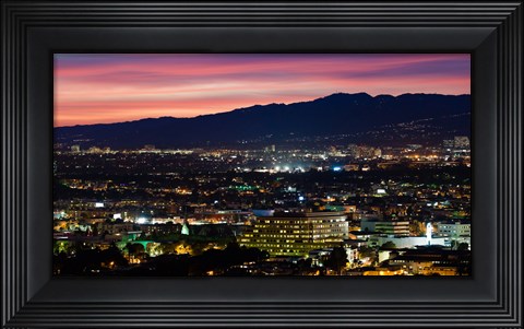 Framed High angle view of a city at dusk, Culver City, West Los Angeles, Santa Monica Mountains, Los Angeles County, California, USA Print