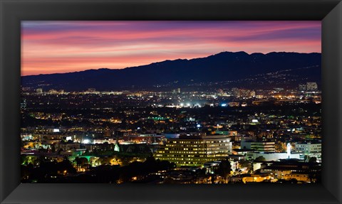 Framed High angle view of a city at dusk, Culver City, West Los Angeles, Santa Monica Mountains, Los Angeles County, California, USA Print