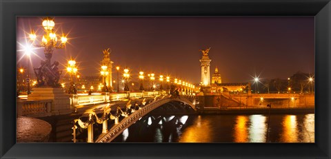 Framed Bridge across the river at night, Pont Alexandre III, Seine River, Paris, Ile-De-France, France Print