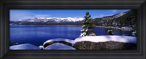 Framed Lake with a snowcapped mountain range in the background, Sand Harbor, Lake Tahoe, California, USA Print