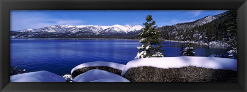 Framed Lake with a snowcapped mountain range in the background, Sand Harbor, Lake Tahoe, California, USA Print