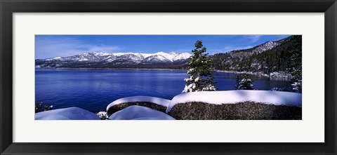 Framed Lake with a snowcapped mountain range in the background, Sand Harbor, Lake Tahoe, California, USA Print