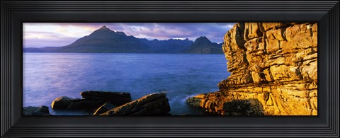 Framed Rock formations at coast, Elgol, Black Cuillin, Isle of Skye, Inner Hebrides, Scotland Print