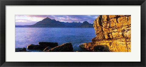 Framed Rock formations at coast, Elgol, Black Cuillin, Isle of Skye, Inner Hebrides, Scotland Print