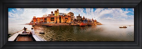 Framed Buildings at riverbank viewed from a boat, Ganges River, Varanasi, Uttar Pradesh, India Print