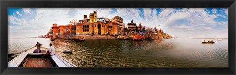 Framed Buildings at riverbank viewed from a boat, Ganges River, Varanasi, Uttar Pradesh, India Print