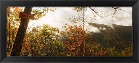 Framed Trees with Sunset Rock sign, Kaaterskill Falls area, Catskill Mountains, New York State, USA Print