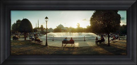 Framed People sitting at a fountain with Blue Mosque in the background, Istanbul, Turkey Print