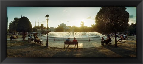 Framed People sitting at a fountain with Blue Mosque in the background, Istanbul, Turkey Print