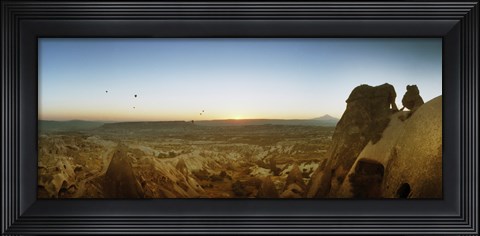 Framed Rock formations on a landscape at sunrise, Cappadocia, Central Anatolia Region, Turkey Print