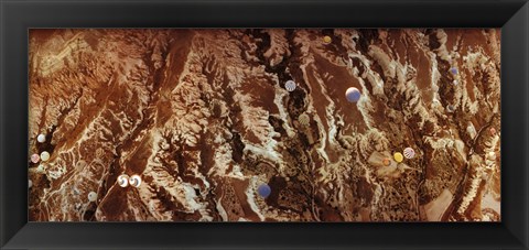 Framed Aerial view of hot air balloons over landscape at sunrise, Cappadocia, Central Anatolia Region, Turkey Print