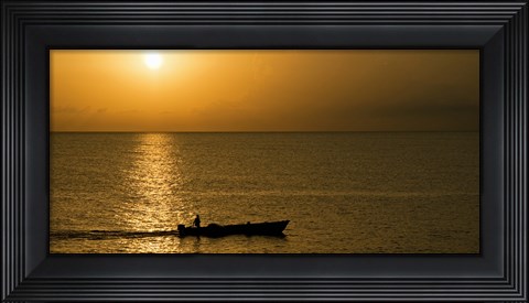 Framed Fishing boat in the sea at sunset, Negril, Westmoreland, Jamaica Print