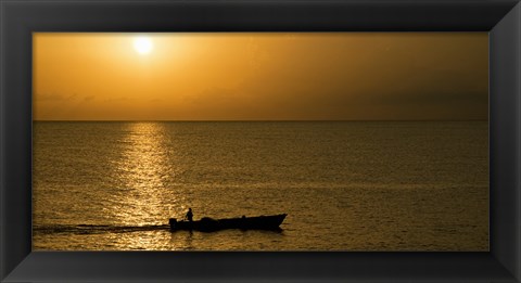 Framed Fishing boat in the sea at sunset, Negril, Westmoreland, Jamaica Print