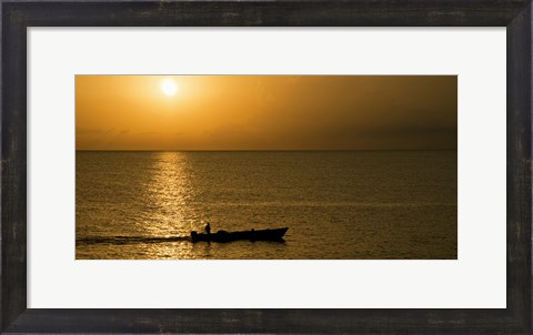 Framed Fishing boat in the sea at sunset, Negril, Westmoreland, Jamaica Print