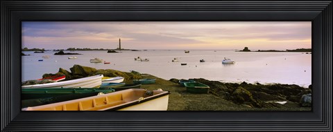 Framed Boats at Lilia with lighthouse in background on Iles Vierge, Brittany, France Print