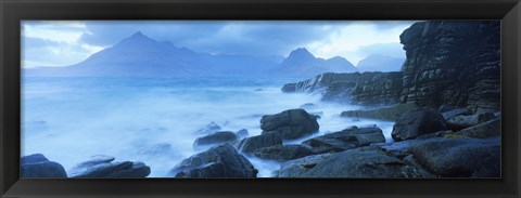 Framed Black Cuillin and waves at coast, Elgol, Isle of Skye, Inner Hebrides, Highlands Region, Scotland Print