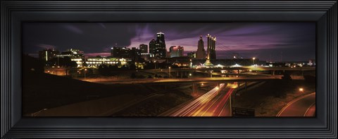 Framed Skyscrapers lit up at night in a city, Kansas City, Jackson County, Missouri, USA 2012 Print