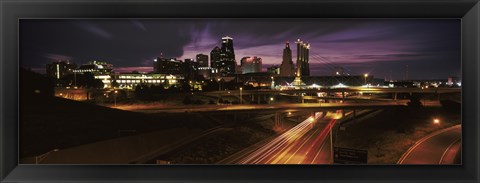 Framed Skyscrapers lit up at night in a city, Kansas City, Jackson County, Missouri, USA 2012 Print