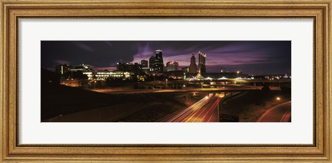 Framed Skyscrapers lit up at night in a city, Kansas City, Jackson County, Missouri, USA 2012 Print