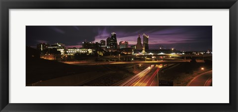 Framed Skyscrapers lit up at night in a city, Kansas City, Jackson County, Missouri, USA 2012 Print