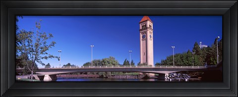 Framed Bridge with Clock Tower in the background, Riverfront Park, Spokane, Washington State, USA Print