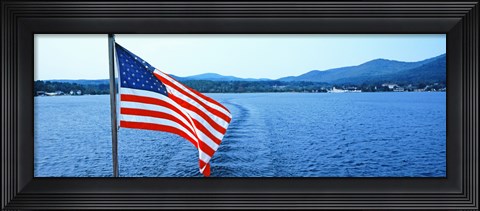 Framed Flag and view from the Minne Ha Ha Steamboat, Lake George, New York State, USA Print