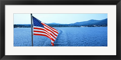 Framed Flag and view from the Minne Ha Ha Steamboat, Lake George, New York State, USA Print