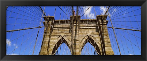 Framed Low angle view of a suspension bridge, Brooklyn Bridge, New York City, New York State, USA Print