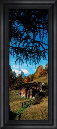 Framed Huts with the Mt Matterhorn in background in autumn morning light, Valais Canton, Switzerland Print