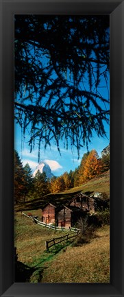 Framed Huts with the Mt Matterhorn in background in autumn morning light, Valais Canton, Switzerland Print