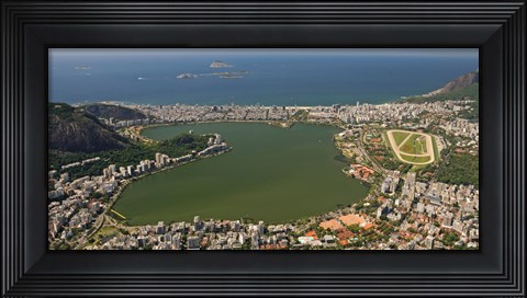 Framed Elevated view of Lagoa Rodrigo de Freitas and Ipanema from Corcovado, Rio De Janeiro, Brazil Print