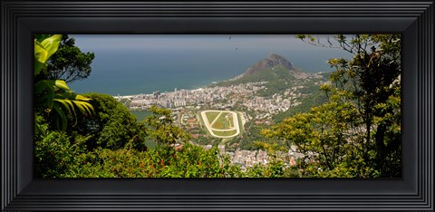 Framed Aerial view of a town on an island, Ipanema Beach, Leblon Beach, Corcovado, Rio De Janeiro, Brazil Print
