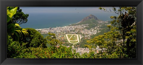Framed Aerial view of a town on an island, Ipanema Beach, Leblon Beach, Corcovado, Rio De Janeiro, Brazil Print