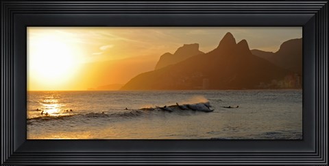 Framed Surfers at sunset on Ipanema Beach, Rio De Janeiro, Brazil Print