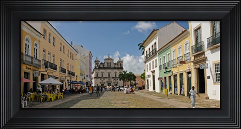 Framed Sidewalk cafes on a street in Pelourinho, Salvador, Bahia, Brazil Print