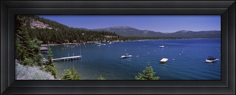 Framed Boats in a lake with mountains in the background, Lake Tahoe, California, USA Print